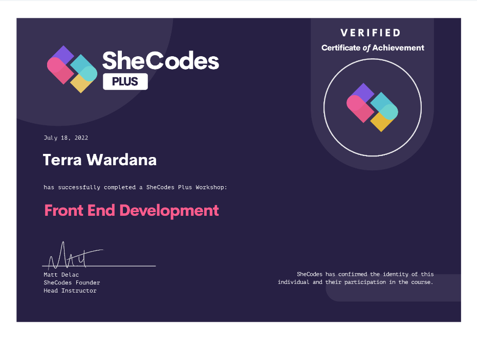 SheCodes Plus Certificate